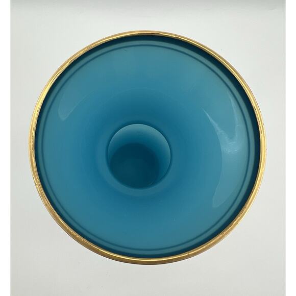French Blue Opaline Glass Vase Baluster Shape & Flare Rim with Gold Band 8.25” - Picture 4 of 12